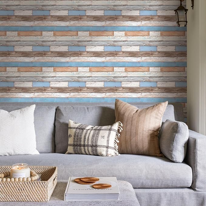 COMSTICKC Peel and Stick Faux Wood Wall Sticker Wall Panels, 10 Pcs of 12" x 12", Ultra-Light Thin PVC 3D Fake Wood Shiplap Self-Adhesive Wall Covering Wallpaper Interior Farmhouse Decor, Blue Brown