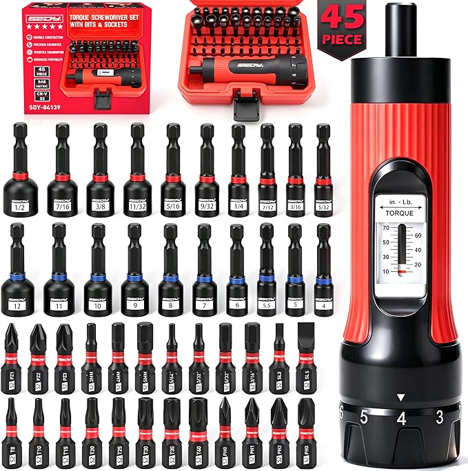 Torque Screwdriver 10-70 in-lb, 45-Piece 1/4" Drive Set with 24 S2 Steel Bits, 20 CR-V Magnetic SAE and Metric Nut Drivers, Storage Case, Inch Pound Torque Wrench for Automotive, Bike and DIY Repair