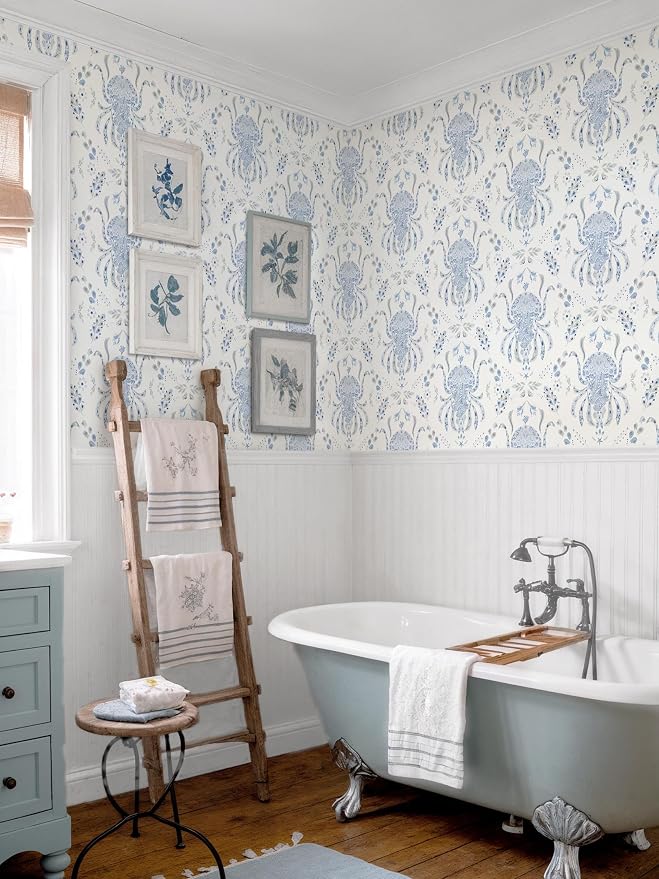 Dimoon Blue Peel and Stick Wallpaper Coastal Contact Paper Bathroom Ocean Beach Wallpaper Boho Jellyfish Renter Friendly Nautical Waterproof for Nursery Kitchen Bedroom Vinyl 17.3''x78.7''