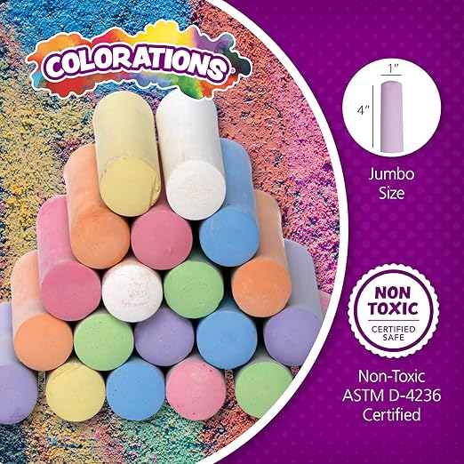 Colorations Sidewalk Chalk – 50pc 4” x 1” Washable, Bright Colored Chalk Set – Fun Kid Art Colors & Patterns – Draw on Classroom Chalkboard or Outdoor Playground – Jumbo Bulk