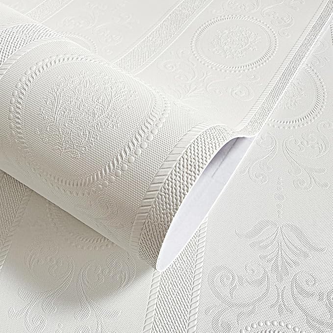 White 3D Embossed Textured Peel Stick Wallpaper 17.3"x120" | Removable Renter Friendly Contact Paper, Waterproof Self Adhesive Wallpaper for Bedroom, Bathroom, Decor,14.4 sq.