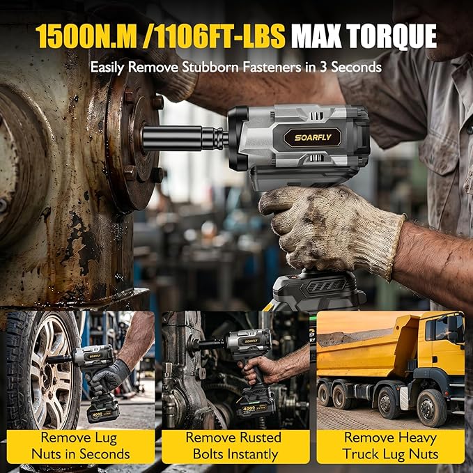 1/2" Cordless Impact Wrench 1106Ft-Lbs (1500N.m) | 21V Brushless High Torque Impact Gun, 2x4.0Ah Batteries, Variable Speed, LED Light, 5 Sockets for Truck RV Car Tire Repairs