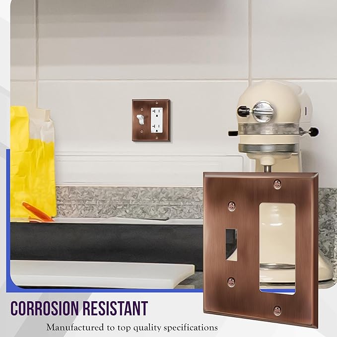 ENERLITES Combination Toggle Switch & Decorator Receptacle Metal Wall Plate, Stainless Steel 201 Outlet Cover, Corrosion-Resistant, Standard Size 2-Gang 4.50" x 4.57", 771131-AC, Antique Copper