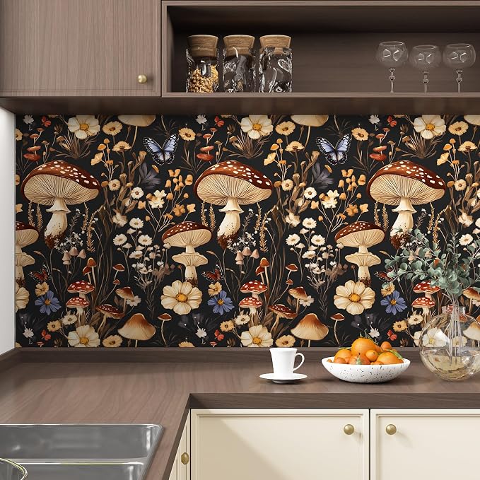BOKEBEVE Mushoroom Wallpaper Peel and Stick Boho Black Brown 17.5 x 787In | Super Long Removable Renter Friendly Vintage Floral Wall Paper for Bedroom Bathroom Cabinet Drawer Feature Accent Wall