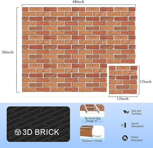 12Pack Acoustic Panels, 12"×12"×0.4" Self-Adhesive 3D Brick Pattern Sound Proof Panels for Walls, High Density Decorative Sound Dampening Wall Panels for Recording Studios, Offices, Home, Red