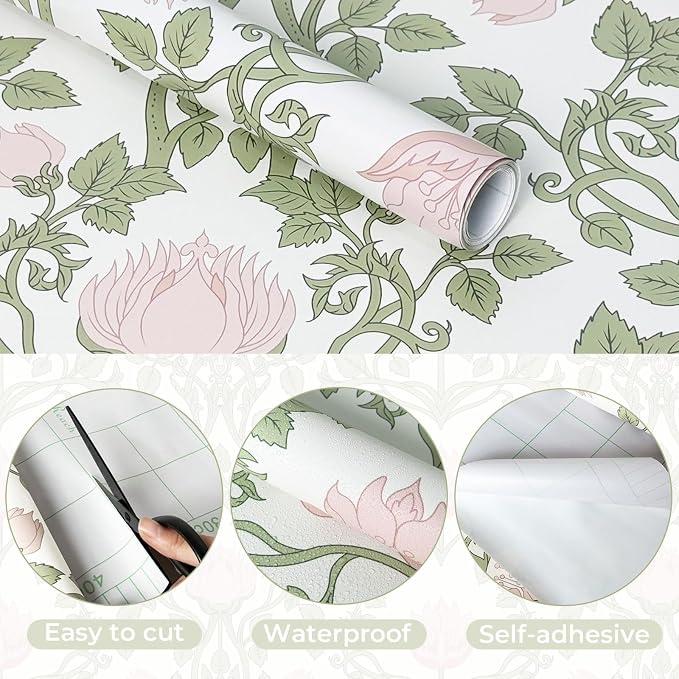YXTII Floral Wallpaper Peel and Stick - 393.7" × 17.3" Pink and Green Wallpaper for Bedroom Decorative Self Adhesive Shelf Drawer Liner