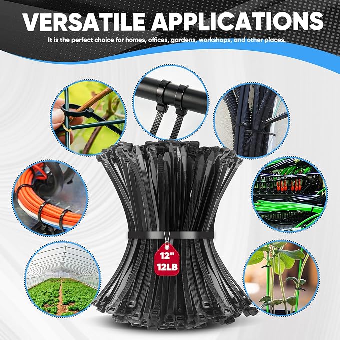 1000 Pcs 12 Inch Zip Ties Heavy Duty Black, Nylon Cable Ties 120 lbs Tensile Strength for Indoor Outdoor Wire Management Garage Organization