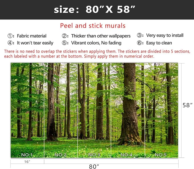 YIHWM-Peel and Stick Green Forest Wallpaper Landscapes Woodland Tree Mural | Tear-resistant,with a substantial feel;the product is unlikely to be damaged when repositioned.Bedroom.S-80"x58"