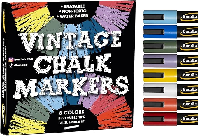 Bandle B. Chalk Markers - 8 Vintage, Erasable, Non-Toxic, Water-Based, Reversible Tips. For Glass or Chalkboard Markers for Businesses, Restaurants, Liquid Drawing Chalk (Vintage/Pastel 6mm)
