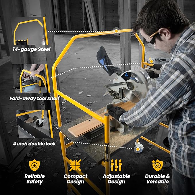 MetalTech 4 Ft Scaffolding Platform, Adjustable, Foldable and Rolling Scaffold Platform with 4-Inch Locking Wheels for Construction & DIY Projects