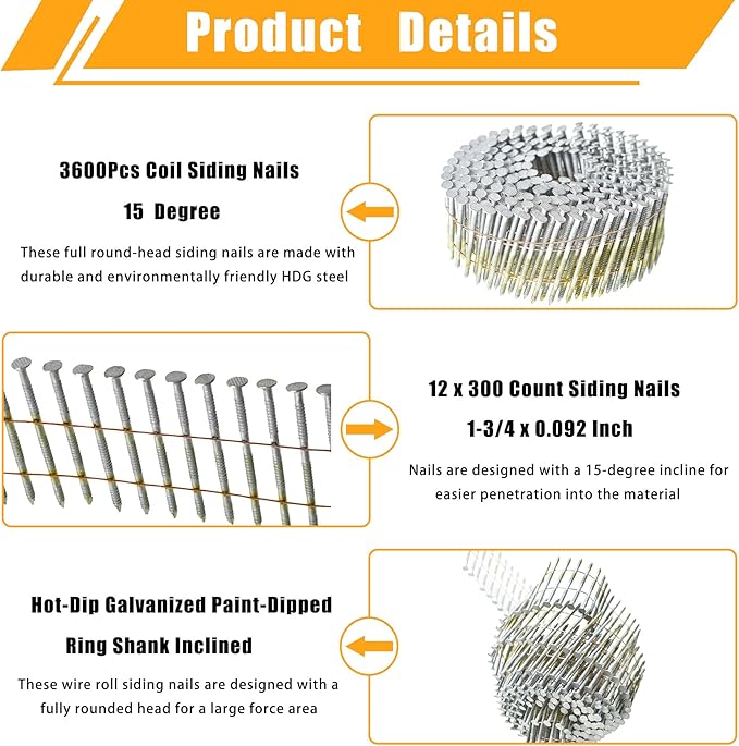 GXYWADY 3600Pcs Wire Coil Siding Nails 0.092 x 1-3/4 In Hot-Dip Galvanized Paint-Dipped Ring Shank Inclined 15 Degree Full Round Head Siding Nails of Lathing and Sheathing Materials