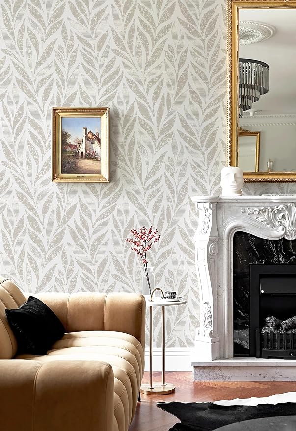 Safiyya 393"x17.3" Boho Peel and Stick Wallpaper Beige and White Wallpaper Leaf Self Adhesive Removable Wall Paper for Bathroom Bedroom Contact Paper for Walls Vinyl Roll