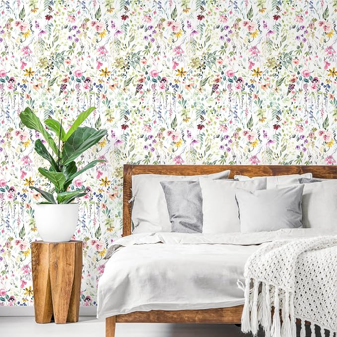 VEELIKE Watercolor Wildflowers Wallpaper Peel and Stick Removable Floral Wallpaper for Bedroom Bathroom Nursery 17.7''x354'' Self Adhesive Wall Mural Floral Contact Paper for Walls Furniture Cabinets