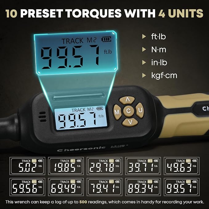 Digital Torque Wrench 3/8 Drive, 5.0-99.6 ft.lb ±1% Accuracy Electronic Torque Wrench Set with Buzzer and LED Inch Pound Torque Wrench with Spark Plug Socket for Car Repair Automobile Desert Tan