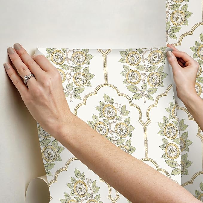 NuWallpaper x Society Social Floral Bazaar Ochre Peel and Stick Wallpaper, Removable Wallpaper, 20.5 in x 18 ft