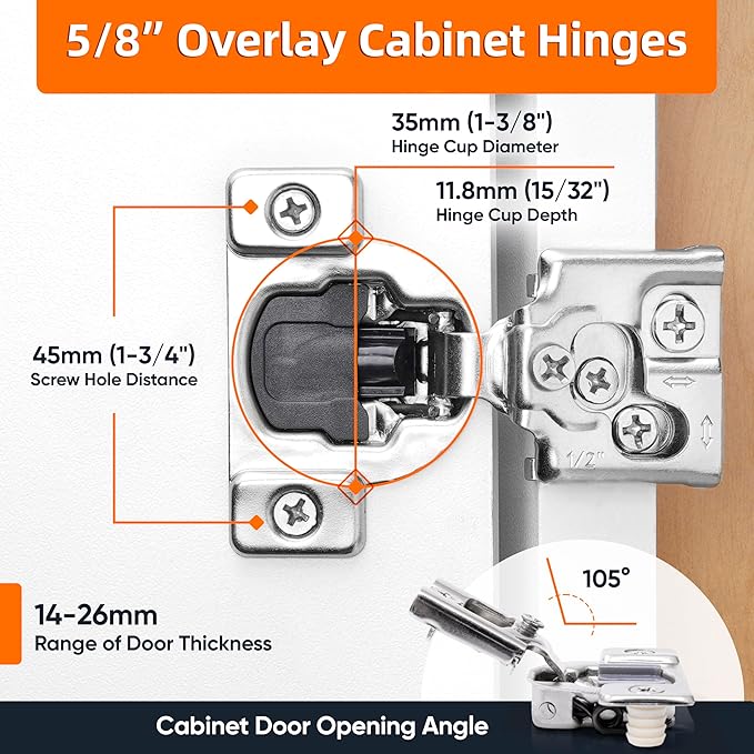 Decobasics 20 Pack Soft Close Cabinet Hinges – 5/8" Overlay for Kitchen Cabinet Doors, Face Frame Concealed Hidden Hinges – Stainless Steel, Self-Closing with 3-Way Adjustment & Slow Close Damper