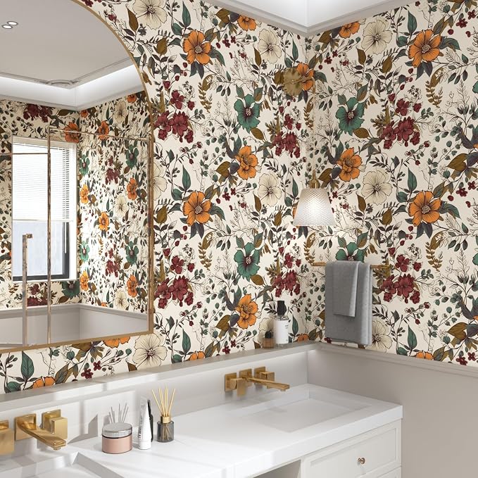 Danodoi Yellow Vintage Floral Peel and Stick Wallpaper 17.5" x 787" | Waterproof Vinyl Self Adhesive Removable Renter Friendly Floral Contact Paper