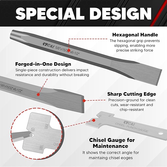 C&T 16-Piece Punch and Chisel Set with Storage Pouch, Including Taper Punch, Cold Chisels, Pin, Center Punch, Chrome Vanadium Steel