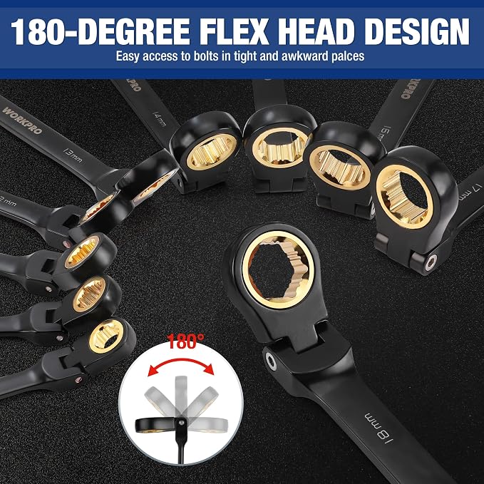 WORKPRO 22-piece Ratcheting Wrench Set with 180° Flex Head, Metric & SAE | Metric 6-18mm & SAE 1/4-3/4", Anti-Slip Tooth, Organizer Box, Black Electrophoretic Coating, for Home Project, Machinery
