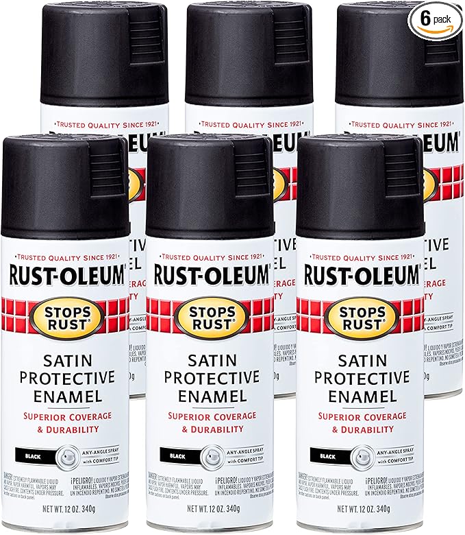 Rust-Oleum 7777830-6PK Stops Rust Spray Paint, 12 oz, Satin Black, 6 Pack