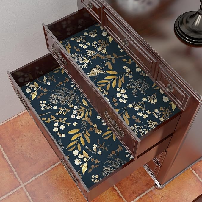 Vintage Dark Blue Floral Boho Peel and Stick Wallpaper 17.5"x787" | Self Adhesive/Removable/Waterproof/Thick Vinyl Extra Long Contact Paper for Bathroom Bedroom Shelf Cabinet Drawer,Prepasted