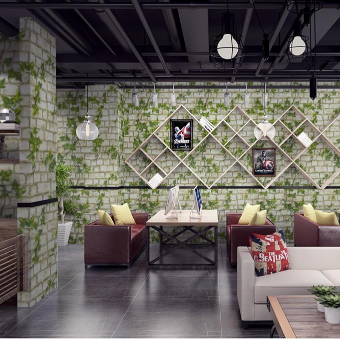 Peel and Stick Wallpaper Brick Wall Paper Green leaves3D BrickStone Self Adhesive Removable Contact Paper Brick Textured Vintage Wallpaper Decorative Wall Classroom Covering15.7 x118