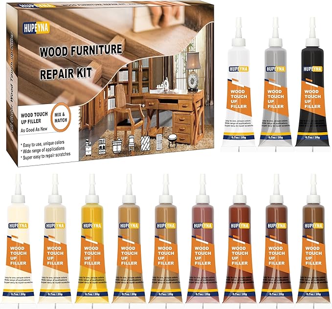Hupeyna Wood Furniture Repair Kit, 12 Colors Wood Repair Kit, Wood Touch up Fillers, Repair Scratch, Cracks, Discoloration for Wooden Cabinet, Floor, Door, Table Surfaces Wood Filler Paint