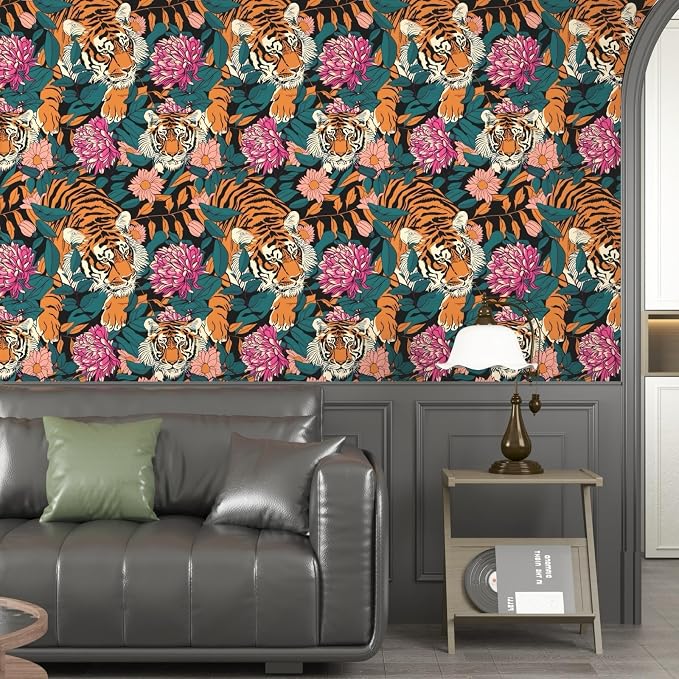 BOKEBEVE Tiger Floral Wallpaper Peel n Stick Vintage Orange 17.5 x 393.5In | Extra Long Removable Renter Friendly Jungle Tiger Wall Paper for Bedroom Bathroom Living Room Feature Accent Wall