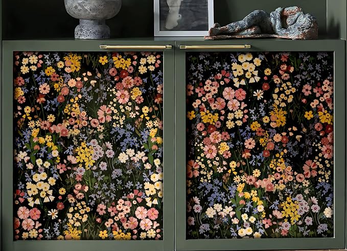 Vintage Floral Peel and Stick Wallpaper for Bedroom,Cabinets 17.3" x 118" | Textured Vinyl Contact Paper Self Adhesive Removable Waterproof Black/Green/Pink Stick on Wall paper for Kitchen Bathroom