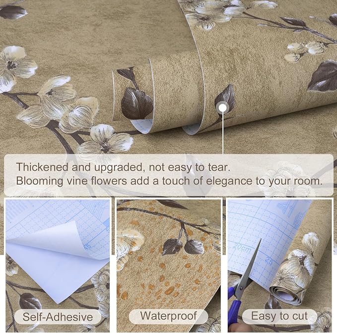 Floral Peel and Stick Wallpaper Flower Tree Contact Paper A Set of 17.5"x300" Self Adhesive Removable Modern Yellow Wall Paper Decorative Wall Covering Countertop Vinyl Film Roll
