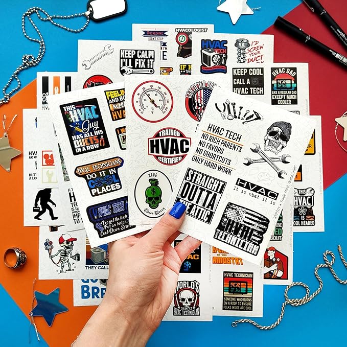 BulbaCraft 100Pcs Funny HVAC Stickers and Decals for Hard Hat — Gifts for HVAC Technicians, Environmental Control Systems, Gifts for Women & Men