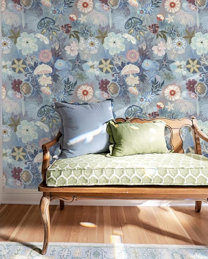 Ismoon Blue Wallpaper Peel and Stick Vintage Floral Contact Paper Jellyfish Ocean Stick on Wall Paper Removable Self Adhesive Vinyl Wallpaper for Bedroom Wall Decor Cabinet 17.3x78.7in