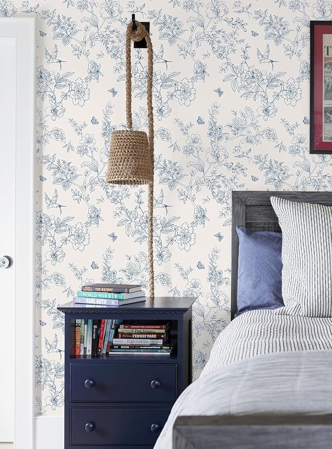 Froluya Cream White and Blue Floral Wallpaper Peel and Stick Wallpaper 17.7"x590.5" Vintage Floral Peel and Stick Wall Paper Removable Boho Self Adhesive Contact Paper for Bedroom Bathroom Vinyl