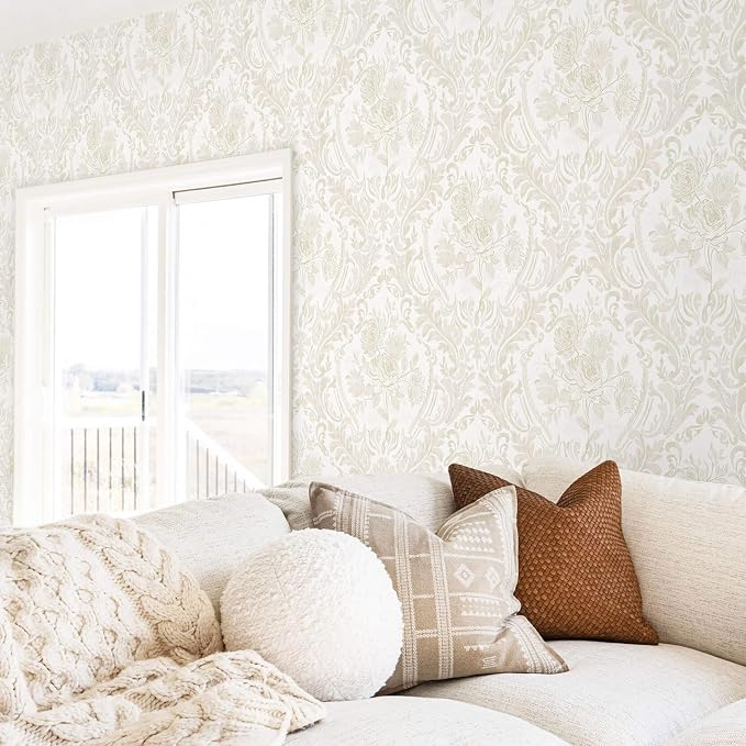 Ismoon Floral Peel and Stick Wallpaper Vintage Beige Contact Paper Boho Watercolor Damask Wall Paper Textured Removable Self Adhesive Vinyl Wallpaper for Cabinet Bedroom Wall Decor, 17.3x590in