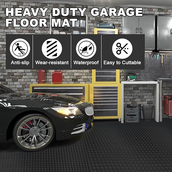 tonchean 16.4 x 3.3 FT Diamond Plate Rubber Flooring Roll, 3.2 mm Thickened Heavy Duty Garage Floor Mat, Non-Slip Rubber Mat for Under Car, Truck, Basement, Workshop