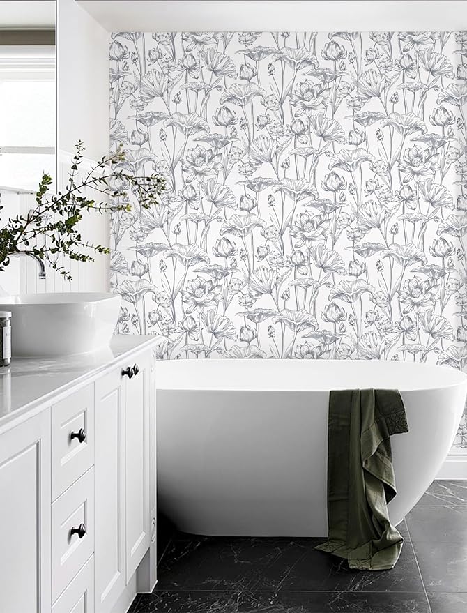 Timeet Floral Peel and Stick Wallpaper 16" x 197" White and Purple Wallpaper Lotus Removable Self Adhesive Contact Paper for Bedroom Bathroom Wall Paper Wall Decor