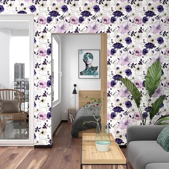 Floral Botanical Peel and Stick Wallpaper 17.5" x 118",White/Purpel | Self Adhesive/Removable/Waterproof/Thick Vinyl Contact Paper for Bathroom Bedroom Shelf Cabinet Drawer,Prepasted,Easy Peel