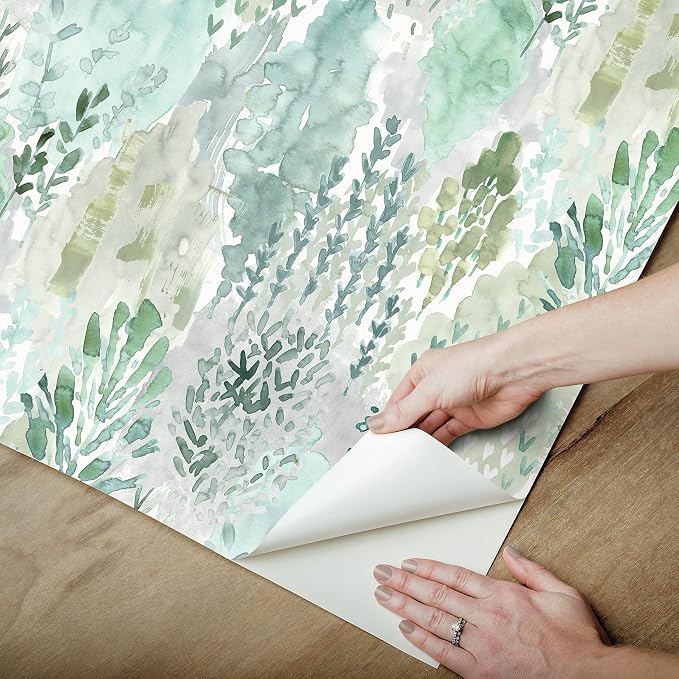 RoomMates Green Watercolor Tree Mosaic Peel and Stick Wallpaper, 20.5 in x 18 ft, Vinyl, Removable, No Sticky Residue, For Smooth Surfaces