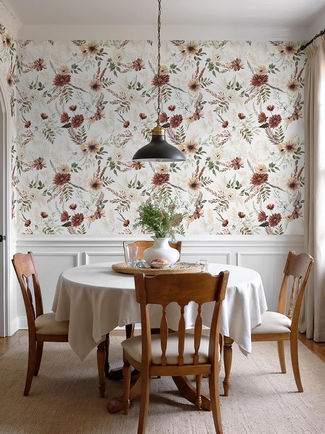 Dimoon 17.3''x197'' Floral Peel and Stick Wallpaper Vintage Beige Antique Contact Paper Bathroom Village Country Cottage Wallpaper Farmhouse Renter Friendly Geometry Waterproof Kitchen Bedroom Vinyl