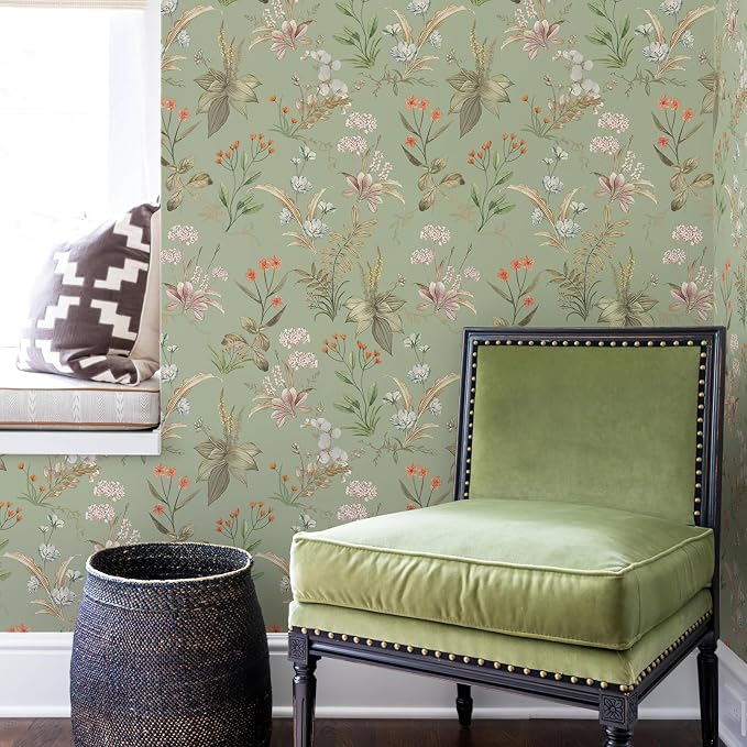 Simon&Siff Vintage Floral Peel and Stick Wallpaper 1200" x 17.3" | Sage Green Botanical Contact Paper, Self Adhesive Removable Wall Paper, Renter Friendly, Bedroom Cabinets DIY Decor