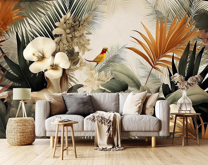 Toolhom Flower Series Mural Colorful Leaves Seamless wall Mural | 127"x77" non-self-adhesive birds resting on flowers wallpaper for bedroom, living room, bathroom background wall decoration