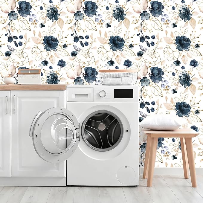 Navy Blue Floral Peel and Stick Wallpaper 17.7"x393.3" | Removable thick vinyl, watercolor botanical design, laundry room, bedroom, bathroom, renter friendly accent walls