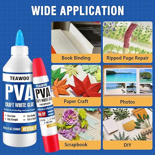 TEAWOO Book Repair & Binding Glue Kit – 8.5 Oz + 2×1.35 Oz Acid-Free PVA Adhesive – Neutral pH, Dries Clear & Flexible for Books, Crafts, Collages & Paper Art, Used for Bookbinding and Book Repair