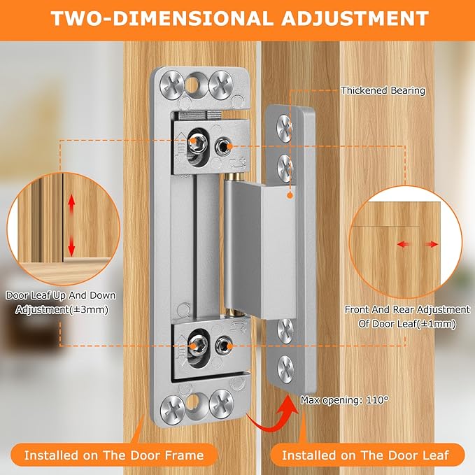 Hidden Door Hinges, 2Pack Adjustable Concealed Hinges 110Lbs Load-Bearing Heavy Duty Pivot Hinge 110° Swinging Invisible Hinges for Secret Doors, Bookcase, Shelf & Murphy Door