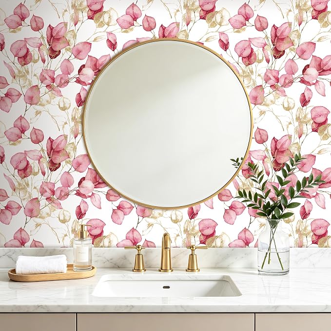 Livelynine Pink and Gold Peel and Stick Wallpaper Botanical Mural 17.5x276 | Pink and Gold Contact Paper Peel and Stick Pink Wallpaper for Girls Bedroom Dorm Cute Elegant Accent Wall Renter Friendly