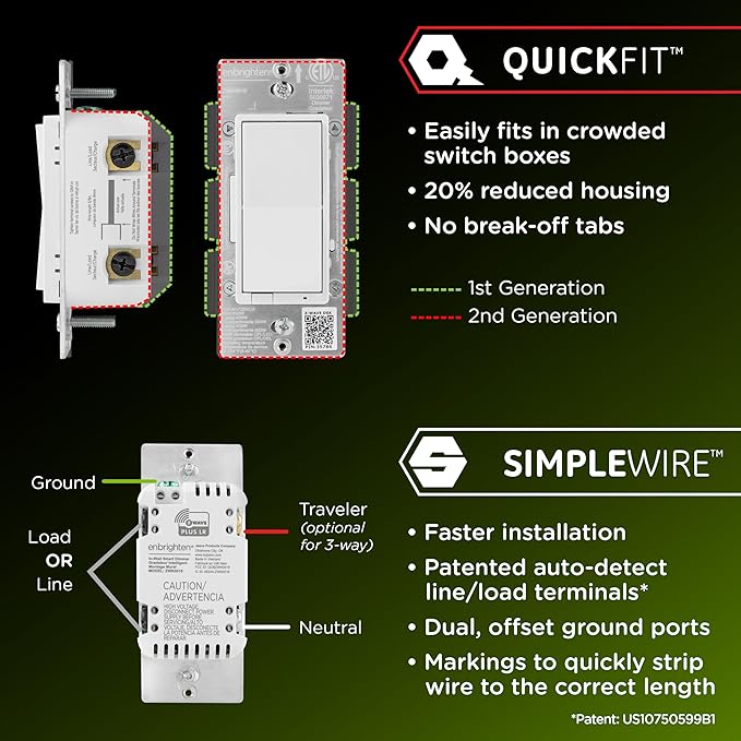 Enbrighten 800 Series Z-Wave Paddle Dimmer, Long Range 800LR, Quick Fit, Simple Wire, Direct 3-Way (No Add-On Switch Needed), Smart Hub Required, Compatible with Alexa, Google Home, 76593