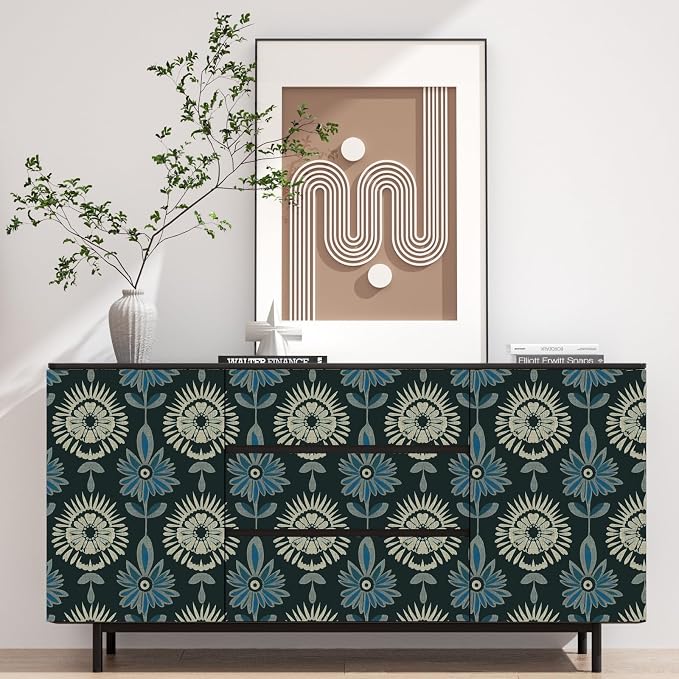 BOKEBEVE Boho Floral Peel and Stick Wallpaper Dark Green 17.5 x 393.5In | Extra Long Symmetry Contact Paper Modern Wall Paper for Bedroom Accent Walls Laundry Nursery Pantry Renter Friendly Removable