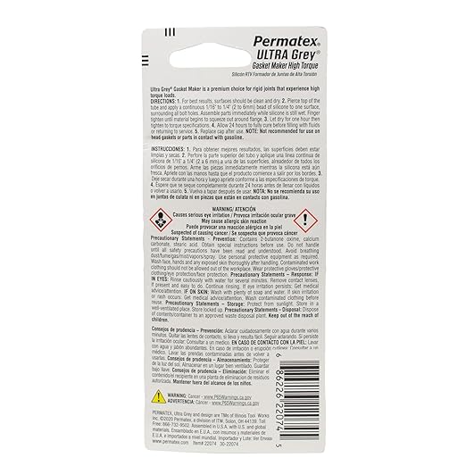 Permatex 22074 Ultra Grey Rigid High-Torque RTV Silicone Gasket Maker, 0.5 oz.