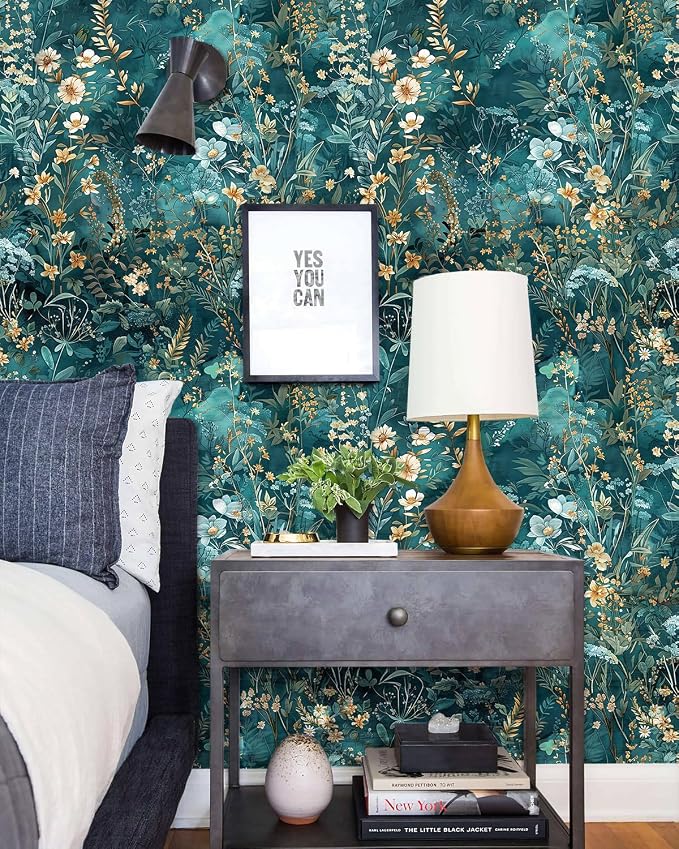 Floral Peel and Stick Wallpaper Teal Contact Paper 17.3in x 118in | Botanical Self Adhesive Wallpaper Vintage Floral Decor Vinyl for Bathroom Cabinets Teal Flower Removable Wall Paper Roll