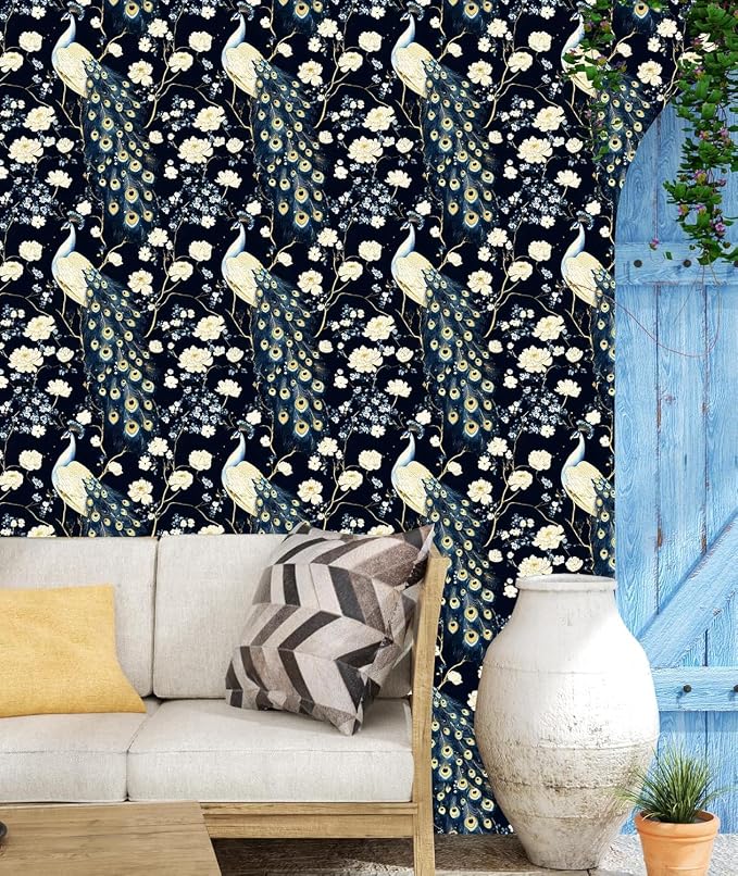 Black Vintage Peacock Peel and Stick Wallpaper 17.5" x 393" | Waterproof Vinyl Self Adhesive Removable Renter Friendly Floral Contact Paper